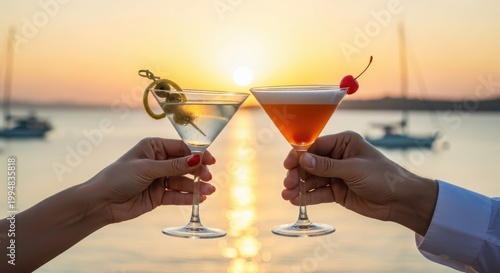 Couple toasting with cocktails at sunset over the ocean