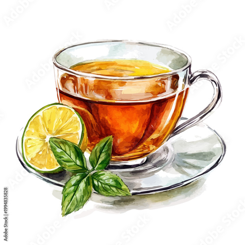 Quadro su tela Herbal Tea, detailed watercolor painting, isolated on a white background