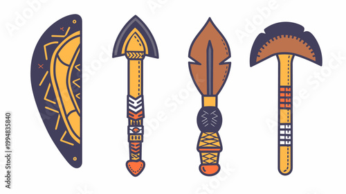 Stylized illustration of four tribal tools with decorative patterns on a white background