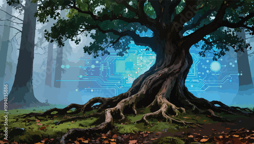 Ancient, gnarled tree with exposed roots in a misty forest with a digital circuit overlay vector illustration.
