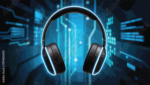 Black headphones with glowing blue neon light accents against a digital circuit board background audio.