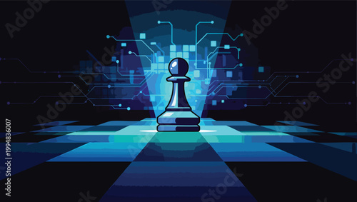 Blue Chess Pawn on a Digital Circuit Board Grid with Spotlight strategy game.