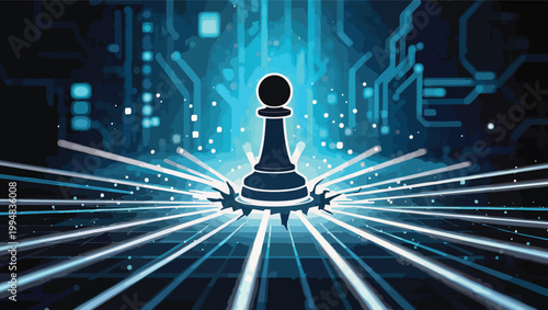 Black chess pawn breaking through glowing blue digital circuit board lines game strategy.