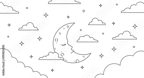 Whimsical Crescent Moon Sleeping Amongst Stars and Clouds, Outline Art