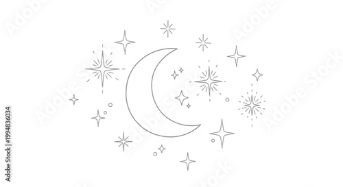 Celestial Crescent Moon and Sparking Stars, Minimalist Line Art