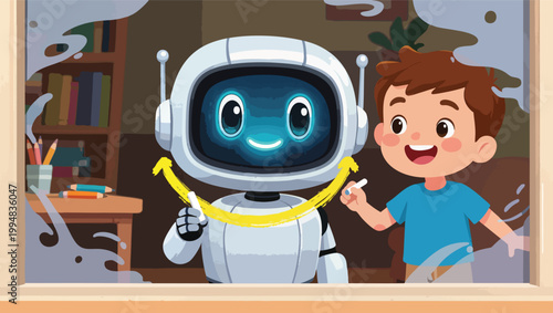Boy and robot drawing a smiley face on a window with chalk android artificial intelligence.