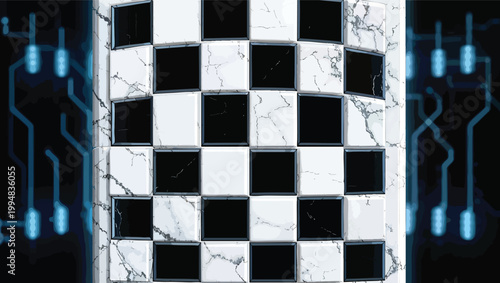 Close up of a cylindrical object with a marble and black checkered surface against a digital circuit background.