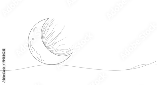 Crescent Moon with Flowing Lines on Minimalist Horizon