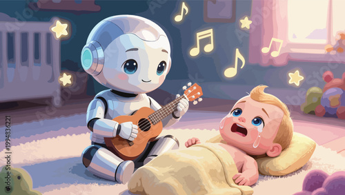Cute Robot Playing Guitar for a Crying Baby in a Nursery with Music Notes and Stars vector illustration.