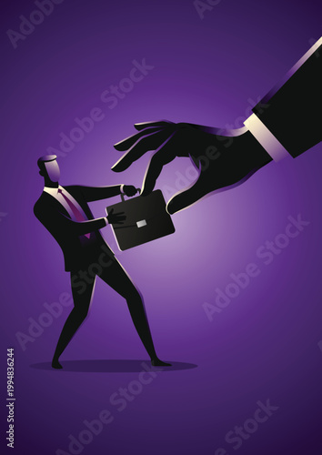 Giant hand trying to take briefcase from small businessman in struggle for power and ownership task.