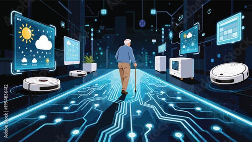 Elderly man walking through a futuristic smart home environment with interactive screens technology.