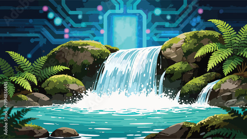 Enchanting Waterfall in a Lush Forest with Digital Circuitry Background nature stream.
