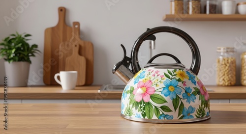 Floral pattern tea kettle on a wooden kitchen countertop