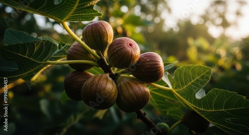 Fresh ripe figs hanging on a branch in a sunny garden