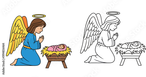 Christmas Angel Praying Over Baby Jesus in Manger Nativity Scene Illustration and Coloring Page Vector Set
