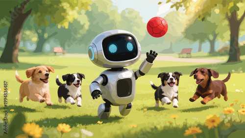 Friendly robot playing fetch with happy puppies in a sunny park android artificial intelligence.