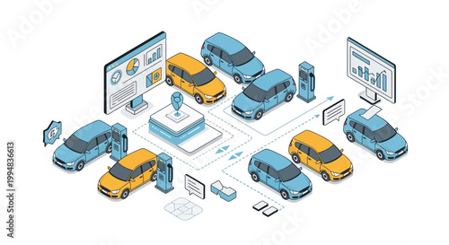 Isometric Smart Car Sharing and Electric Vehicle Fleet Management Concept with Data Analytics Dashboards and EV Charging Stations Illustration