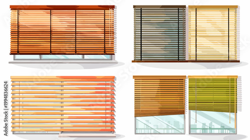 Four windows with different colored horizontal blinds, casting shadows on white surface