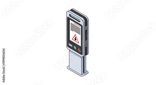 Isometric Digital Kiosk Terminal with Security Warning Alert on Screen Isolated on White