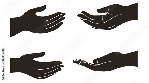 A collection of four vector illustrations, showcasing different hands, with fingers, palm and wrist in dark silhouette