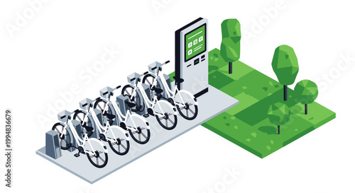 Isometric 3D Illustration of an Urban Bike Sharing Station with Rental Kiosk and Green Park Area for Sustainable City Mobility
