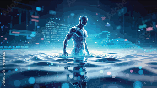 Futuristic Man Standing in Digital Water with Binary Code Background human.