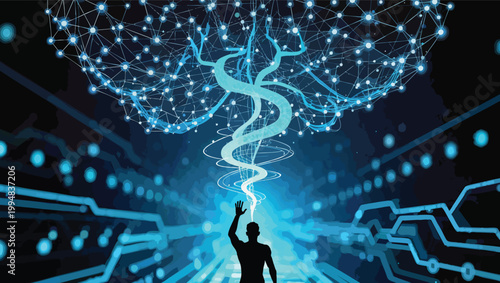 Silhouette of a person raising hand with a glowing digital brain network above artificial intelligence.