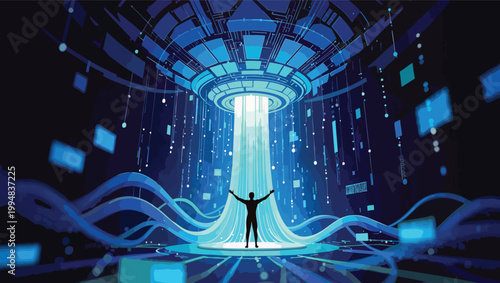 Silhouette of a person standing with arms outstretched in a futuristic digital portal with glowing blue light beams and circuit board patterns.