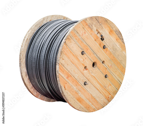 wooden coil with wound armored power cable isolated on white background with clipping path