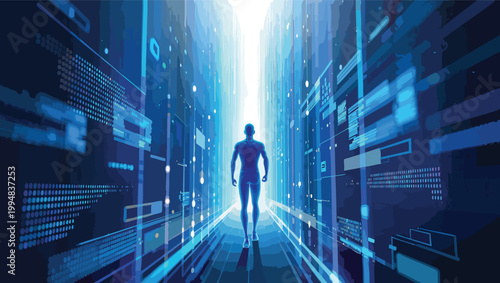 Silhouette of a person walking down a bright blue digital corridor with glowing data streams and geometric patterns.