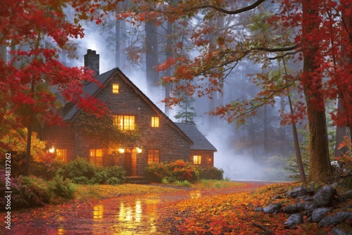 Charming Stone House in a Forest During Fall Evening With Warm Lights