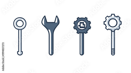 Four stylized tools icons in shades of blue and gray, set against a plain white background
