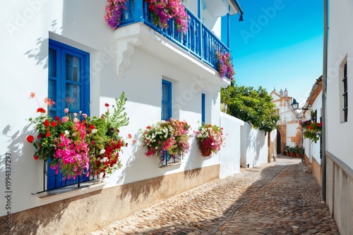 Colorful Flowers Decorate a Narrow Street in a White-Walled Town on a Sunny D...