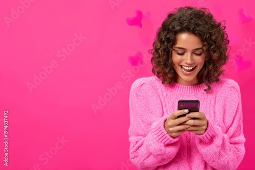 Woman in Pink Sweater Smiles While Using Smartphone Against Pink Wall With He...