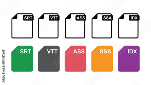File types icons for subtitle formats like SRT VTT ASS SSA IDX  colorful and black and white