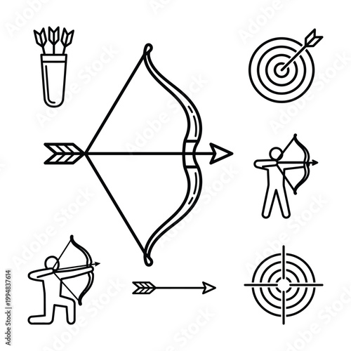 Archery icons set with bow and arrow and targets and people shooting arrows  isolated on transparent background