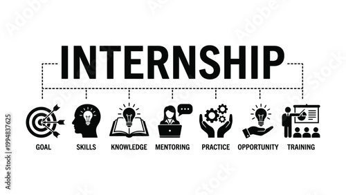 Internship concept with icons and keywords for business education and career development opportunities in one sentence