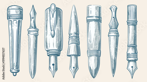 Collection of sketched, vintage-styled fountain pens in varying styles, side-by-side