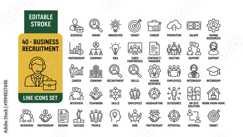 Editable stroke line icons set for business recruitment and human resources management  40 different symbols