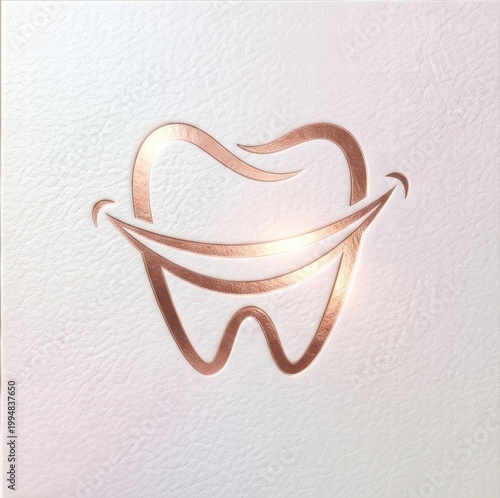 Elegant rose gold metallic happy tooth logo, sophisticated minimalist monoline design for a modern dental clinic on white leather background.