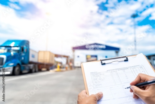 Truck Driver Checks Delivery List Outside a Shipping Yard During Day