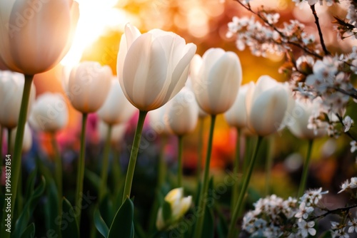 White Tulips and Blossoms in a Garden During Sunset in Spring Season