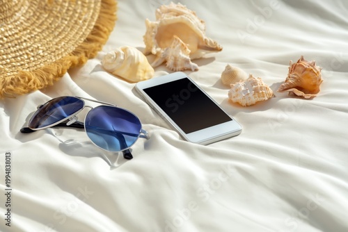 Summer Beach Essentials Laid out on a Soft White Cloth With Seashells and Sun...