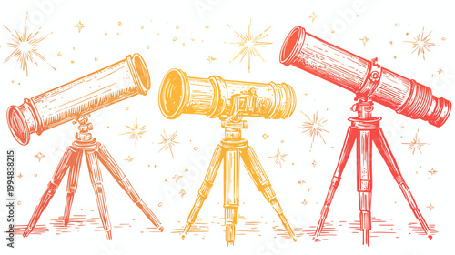 Three vintage telescope illustrations with starry embellishments in a gradient color scheme