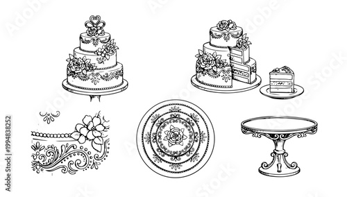 Multi-Tiered Floral Wedding Cake Display Showing Sliced View Intricate Decor Details and Empty Stand in Doodle Line Art