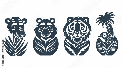 Four stylized monochrome animal motifs bear, koala, tiger, bird with palm tree