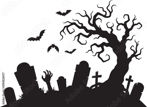 Spooky black silhouette tree with bats and graveyard scene isolated on transparent background, Vector
