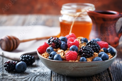 Healthy Breakfast With Granola, Berries, Honey, and Tea on Wooden Table in Co...
