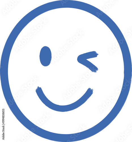 Simple blue hand drawn brush stroke winking smiley face outline vector icon