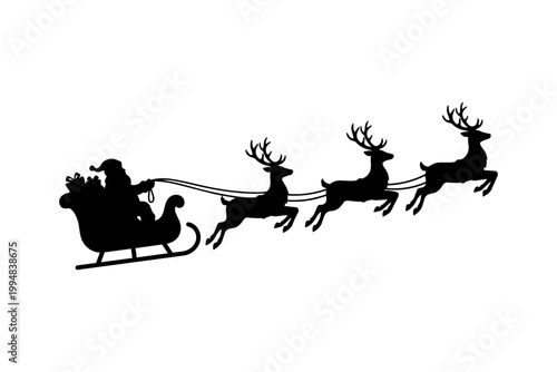 Santa claus riding sleigh pulled by reindeer in black and white vector style isolated on transparent background, Vector